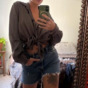 Vintage grey silver button down silk top